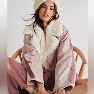 Free People  Lolo Pink and Cream Denim Jacket